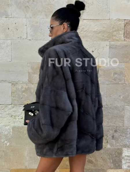 Короткая норковая шуба с английским воротником - цвет графит - фото 4