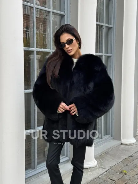 Шуба - жакет из меха песца цельные платины TOTAL BLACK - фото 9