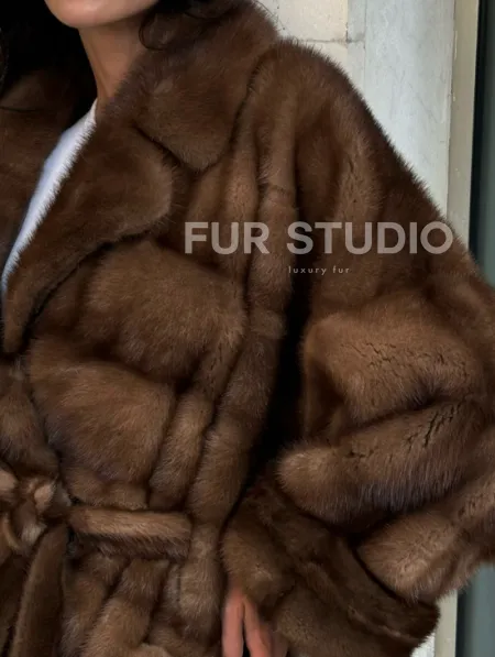Норковая шуба в цвете соболь с английским воротником - фото 1