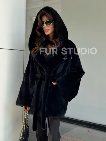 Пончо из норки с капюшоном кобра - черно-синий - фото 2