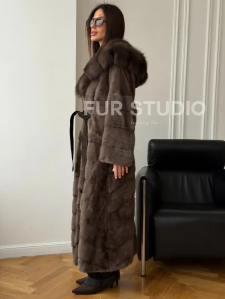 Шуба-кимоно с капюшоном куница - фото 3