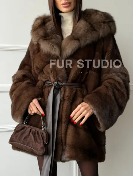 Шуба норка - кимоно с капюшоном - фото 3