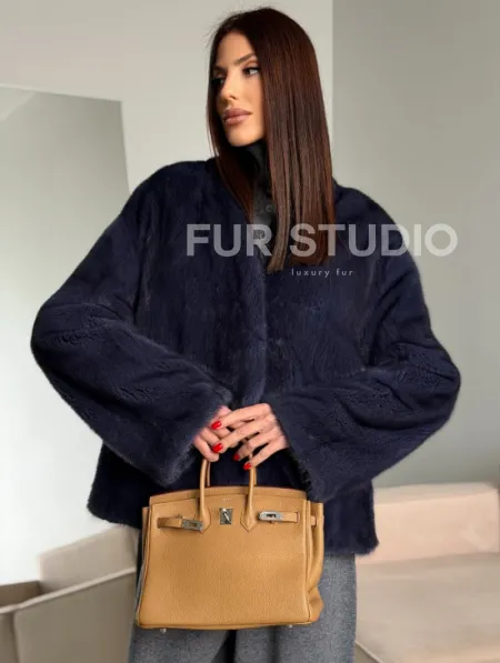 Короткий норковый жакет - синий графит - фото 7