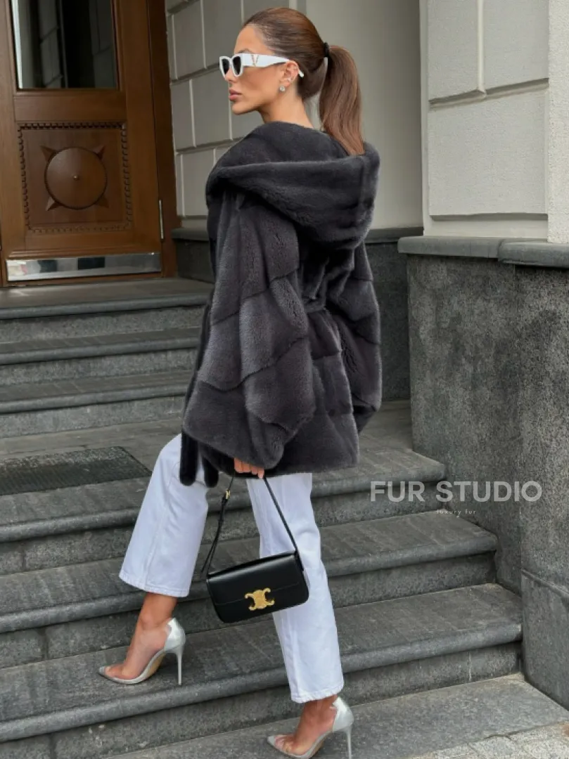 Норковая шуба с капюшоном цвет графит - фото 3