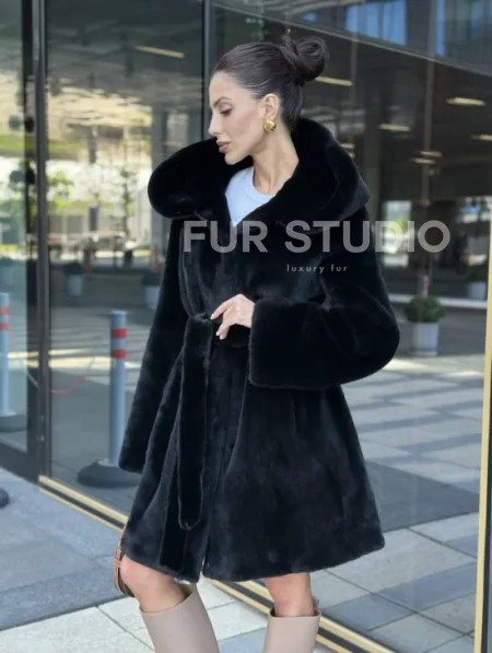 Шуба норковая с капюшоном, мех BLACKGLAMA - фото 4