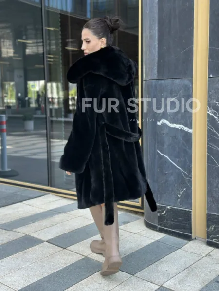 Шуба норковая с капюшоном, мех BLACKGLAMA - фото 9