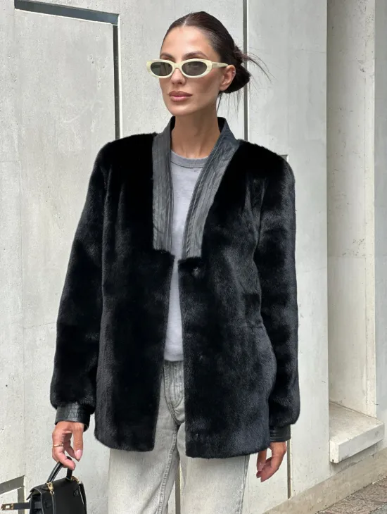 Шуба - жакет из меха норки с отделкой из кожи - фото 5