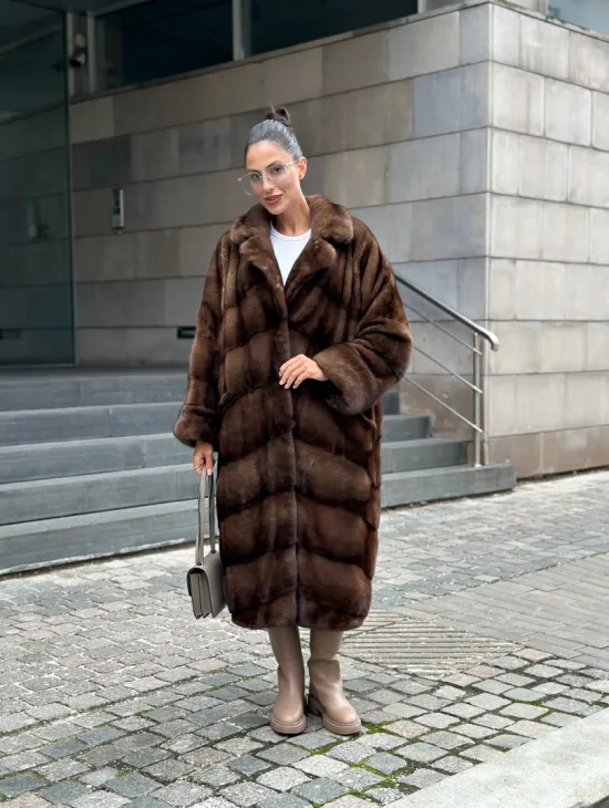 Шуба из меха норки английский воротник - цвет соболь - фото 9