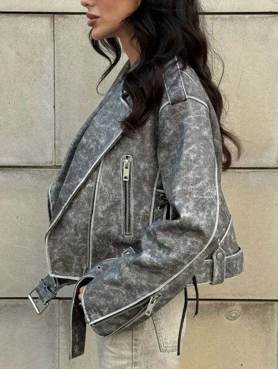 Косуха из натуральной кожи Vintage со шнуровкой - цвет серый - фото 7