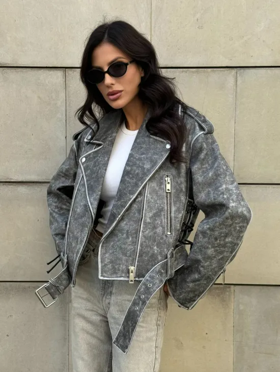 Косуха из натуральной кожи Vintage со шнуровкой - цвет серый - фото 11