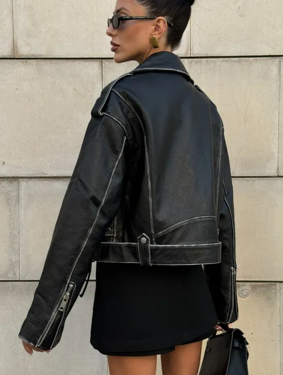 Куртка-косуха из натуральной кожи «Vintage»  со шнуровкой - цвет черный - фото 7