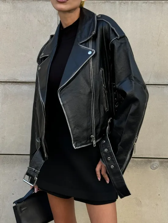 Куртка-косуха из натуральной кожи «Vintage»  со шнуровкой - цвет черный - фото 6