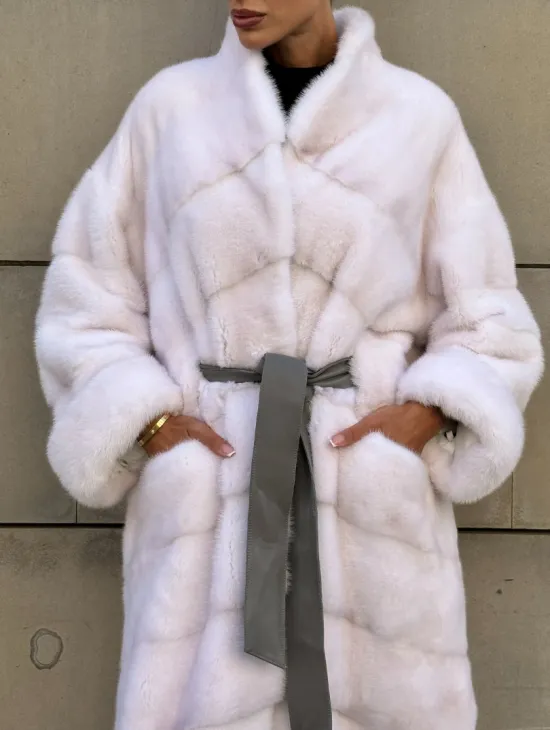 Норковая шуба с поясом, стойка воротник - цвет колотый лед - фото 5