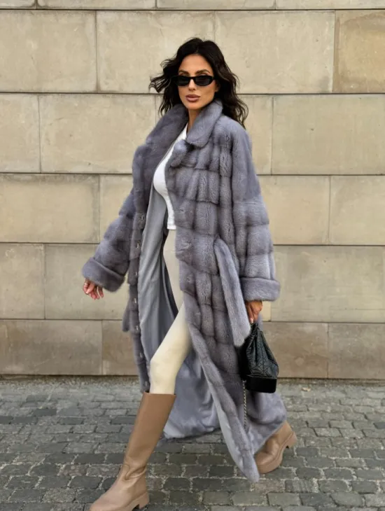 Голубая шуба New Fashion из меха аукционной норки, английский воротник - фото 5