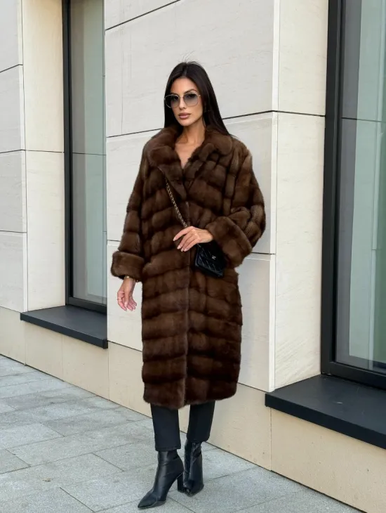 Шуба натуральная из меха норки английский воротник - цвет соболь - фото 11