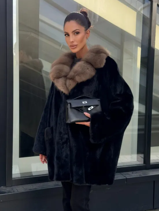 Женское меховое полупальто из норки- воротник куница - фото 0