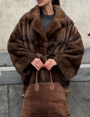 Полушубок из меха норки Brown Velvet, английский воротник фасон - летучая мышь - фото 3