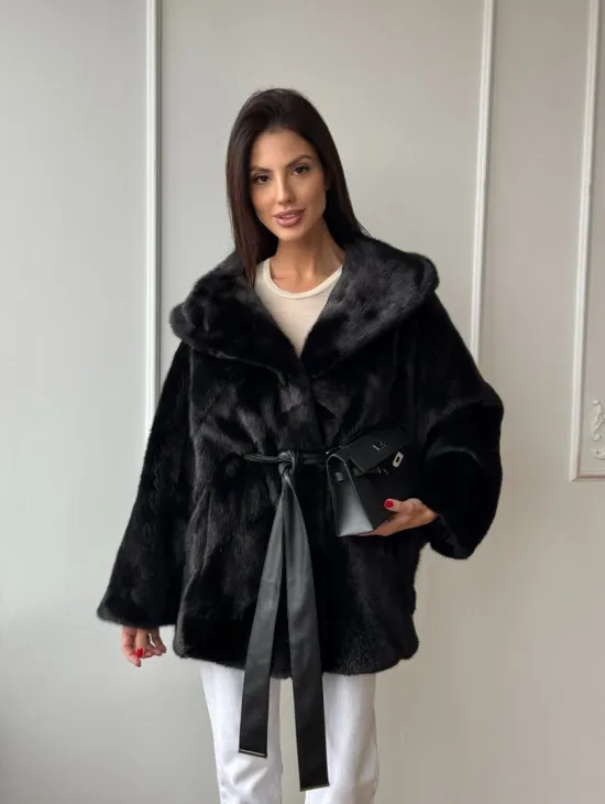 Летучая мышь шуба из меха норки Black с капюшоном - паркет - фото 9