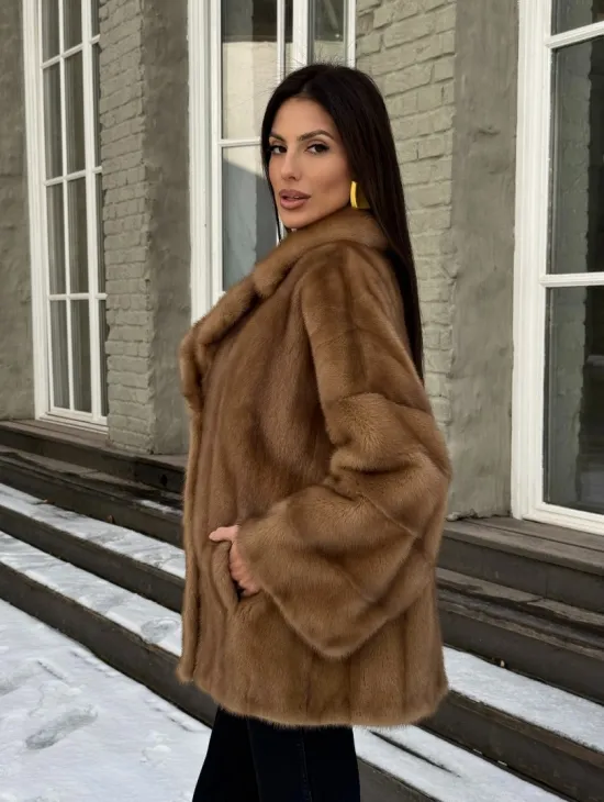 Норковый полушубок Vintage Gold с английским воротником - фото 9