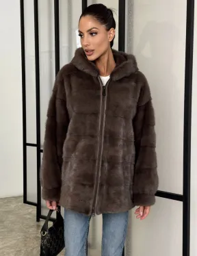 Норковый полушубок с капюшоном на молнии - фото 4