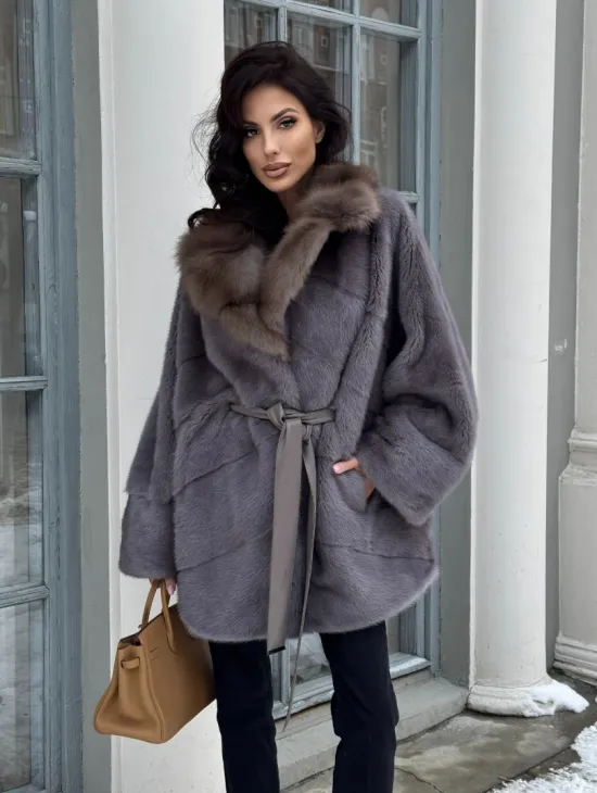 Полушубок летучая мышь из норки с воротником из куницы - цвет графит - фото 6