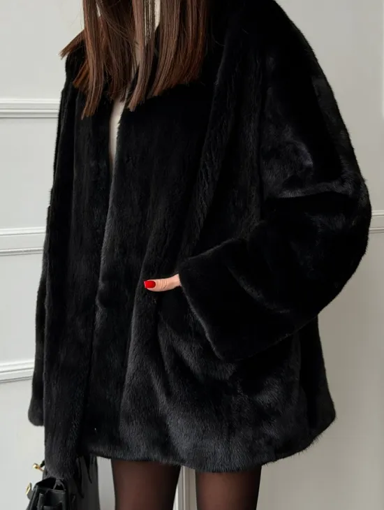 Жакет - шуба из норки BLACK с V-образным воротником, косыми карманами - фото 1