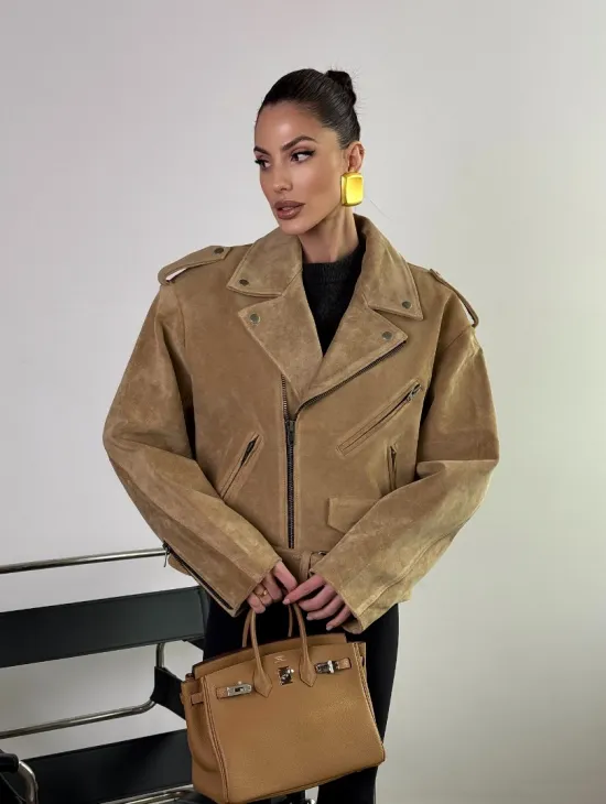 Косуха «Прямой Оверсайз» из мягкой кожи (замши) Camel - фото 5