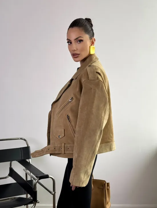 Косуха «Прямой Оверсайз» из мягкой кожи (замши) Camel - фото 7