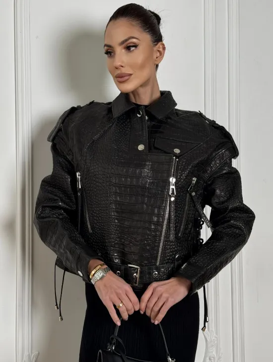 Укороченная куртка из натуральной кожи «CROCO» BLACK со шнуровкой на спине - фото 3