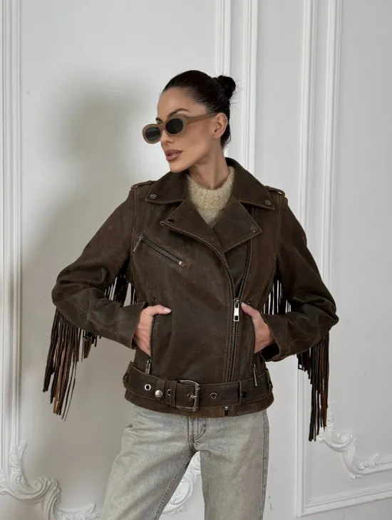Коричневая кожаная куртка - косуха с бахромой. Мотоциклетная куртка, демисезон - фото 8
