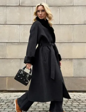 Женское демисезонное шерстяное пальто-халат с отделкой из меха норки - фото 10