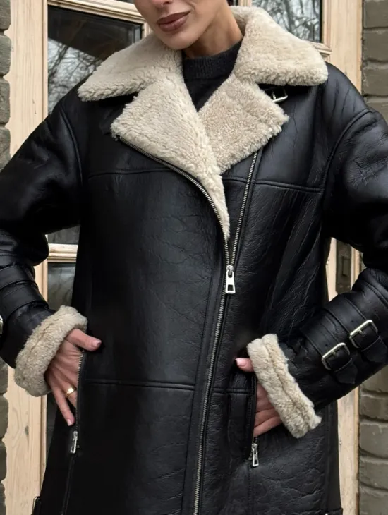 Удлиненная дубленка на белой овчине - фото 1