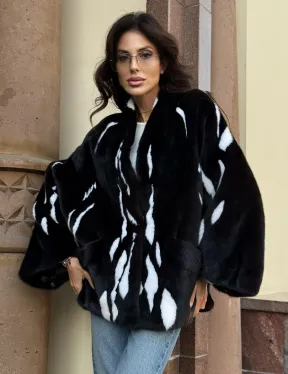 Черный норковый полушубок с рисунком - фото 0