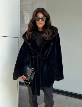 Пончо из норки с капюшоном кобра - черно-синий - фото 10