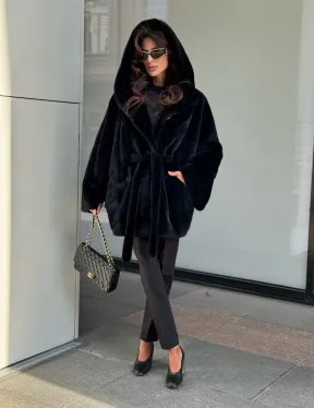 Пончо из норки с капюшоном кобра - черно-синий - фото 6