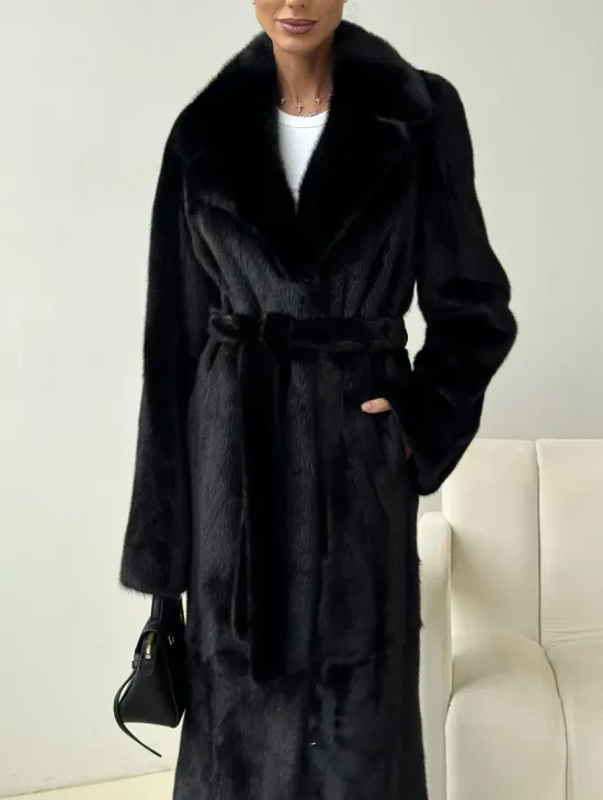 Черная норковая шуба с поясом - фото 3