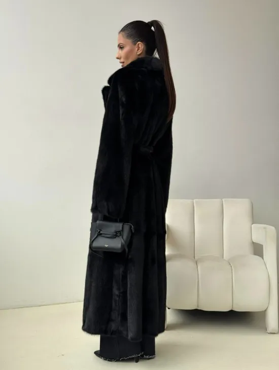 Черная норковая шуба с поясом - фото 7