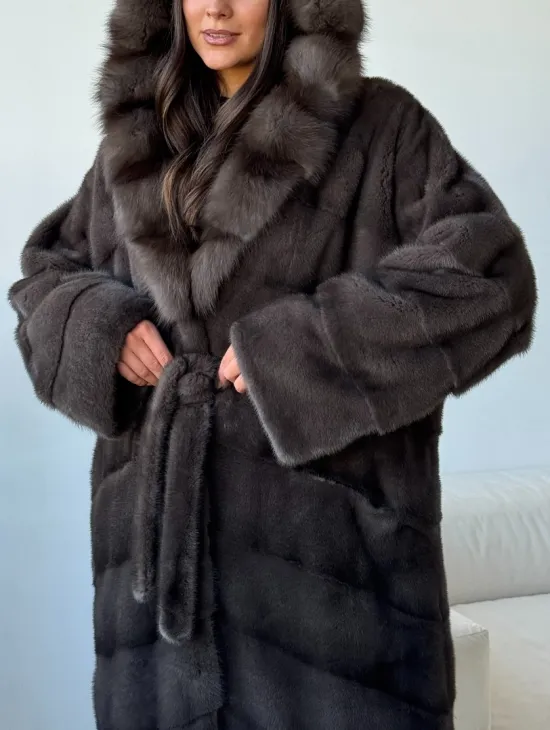 Длинная норковая шуба с капюшоном - графит - фото 1