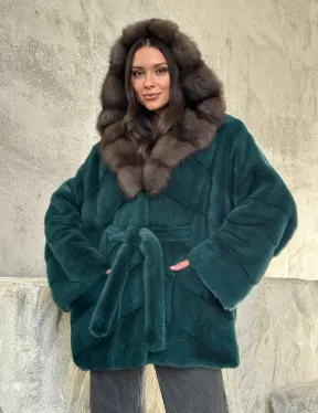 Шуба норка кимоно - капюшон куница - фото 7