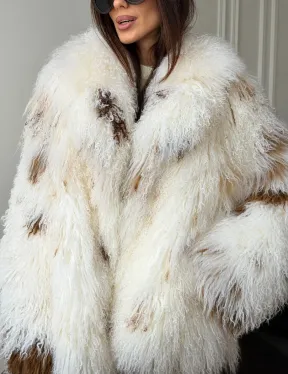 Шуба из ламы бело-коричневая - фото 3