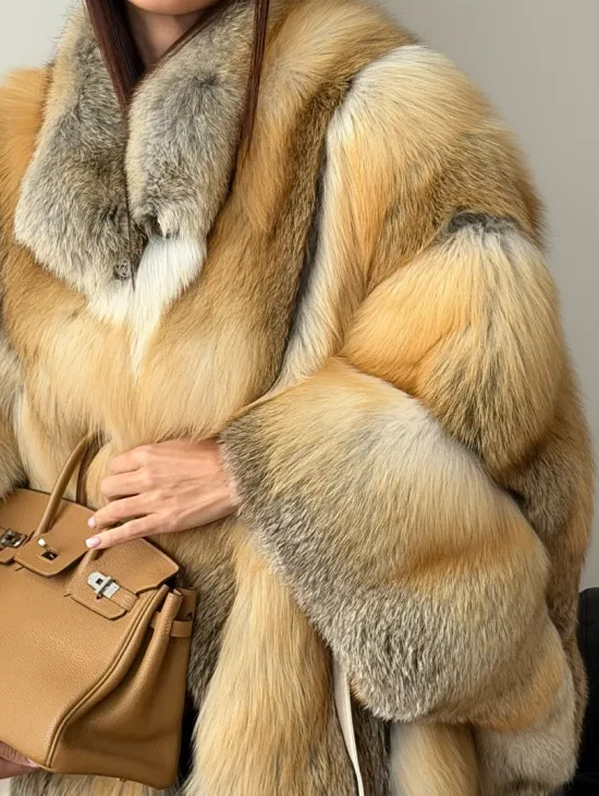 Шуба - пончо из лисы с поясом - фото 2