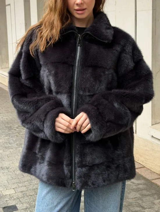 Норковая куртка на молнии - графит - фото 2