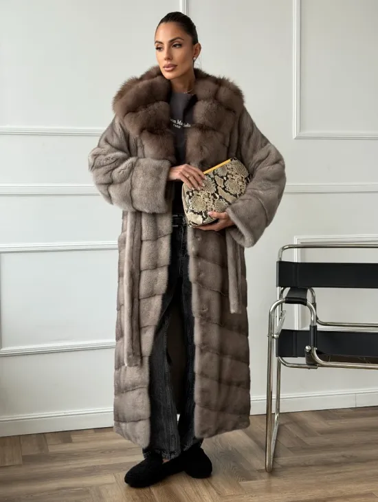 Шуба-кимоно норка в пол с капюшоном куница - фото 8