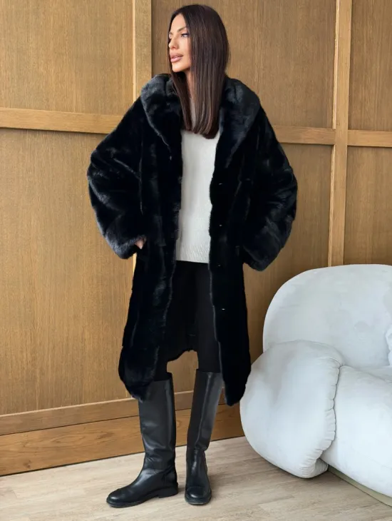 Черная норковая шуба с капюшоном - фото 2