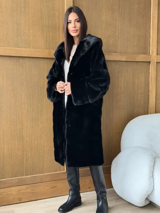 Черная норковая шуба с капюшоном - фото 0