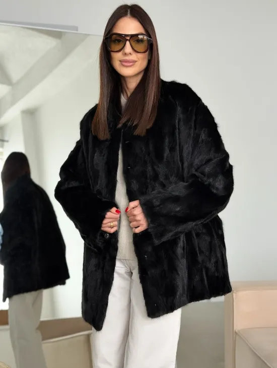 Шуба норковая из кусочков в стиле оверсайз - фото 0