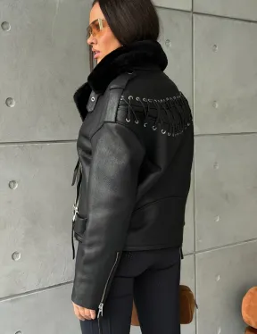 Черная короткая дубленка авиатор - фото 5