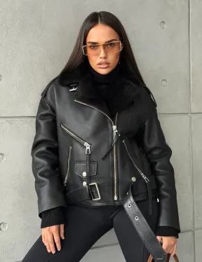 Черная короткая дубленка авиатор - фото 13