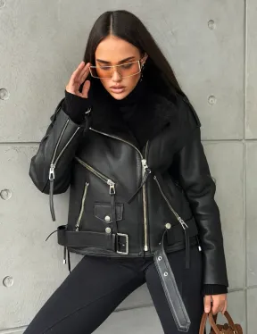 Черная короткая дубленка авиатор - фото 10