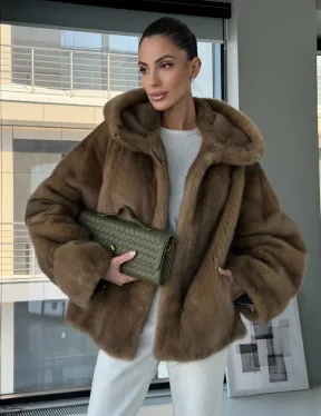 Женский норковый полушубок с капюшоном - фото 9